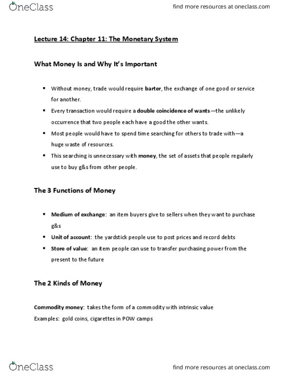 ECON 102 Chapter Notes - Chapter 11: Commodity Money, Barter, Money Multiplier thumbnail