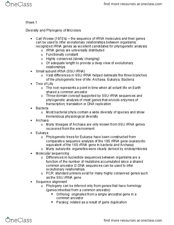 MIMG 101 Lecture Notes - Lecture 1: Carl Woese, Ribosomal Rna, Dna Replication thumbnail