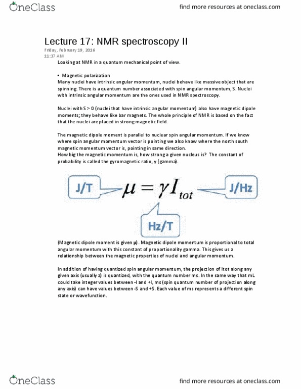 CHEM 214 Lecture Notes - Lecture 17: Magnetic Dipole, Gyromagnetic Ratio, Magnetic Moment thumbnail