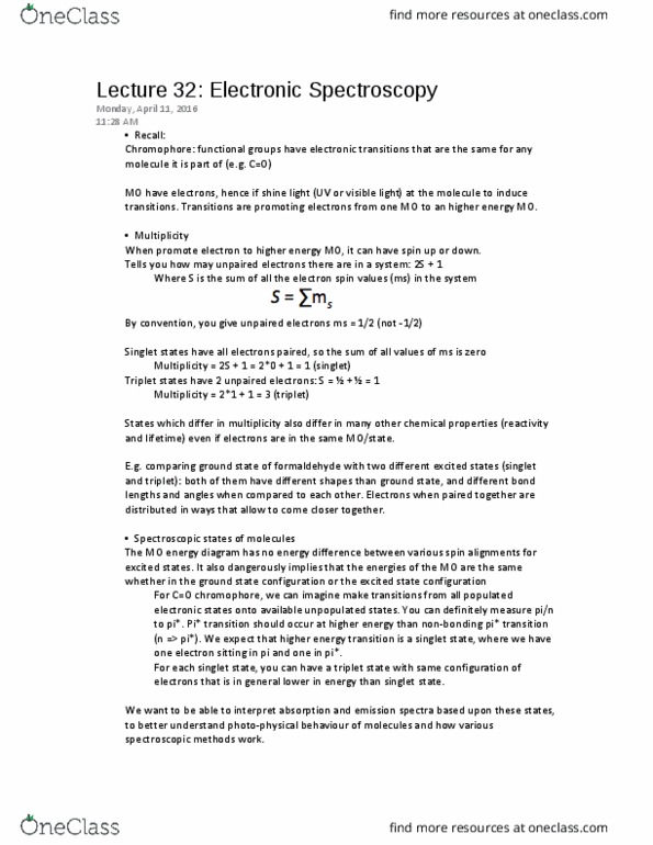 CHEM 214 Lecture Notes - Lecture 32: Molecular Electronic Transition, Chromophore, Bond Length thumbnail