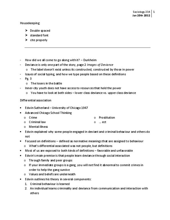 SOC 214 Lecture Notes - Edwin Sutherland, Social Control, Differential Association thumbnail