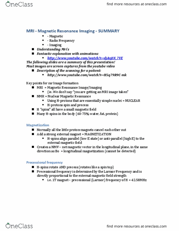 MEDRADSC 2Z03 Lecture Notes - Lecture 5: Nuclear Magnetic Resonance, Magnetic Resonance Imaging, Magnetization thumbnail