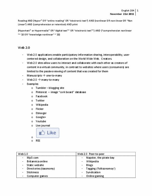 ENG 204 Lecture Notes - Content Management System, Folksonomy, Web 2.0 thumbnail