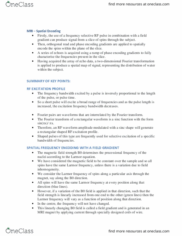 MEDRADSC 2Z03 Chapter Notes - Chapter 6: Larmor Precession, Fourier Transform, Sinc Function thumbnail