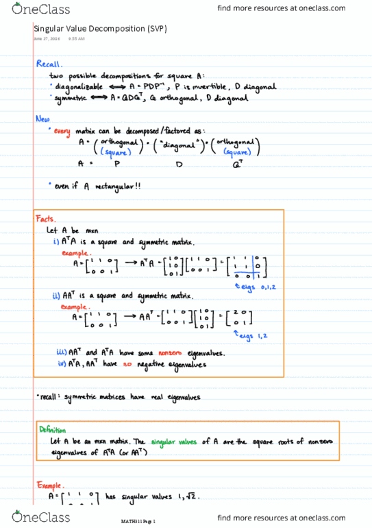 MATH 311 Lecture Notes - Lecture 16: Singular Value Decomposition, Diagonalizable Matrix thumbnail