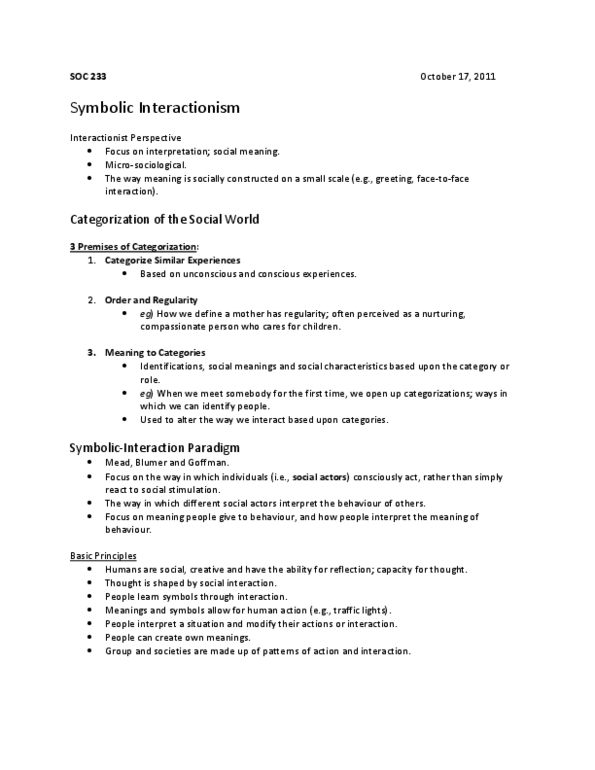 SOC 233 Lecture Notes - Symbolic Interactionism, Erving Goffman thumbnail