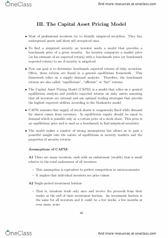 FINA 385 Lecture Notes - Lecture 3: Capital Asset Pricing Model, Economic Equilibrium, Capital Market thumbnail