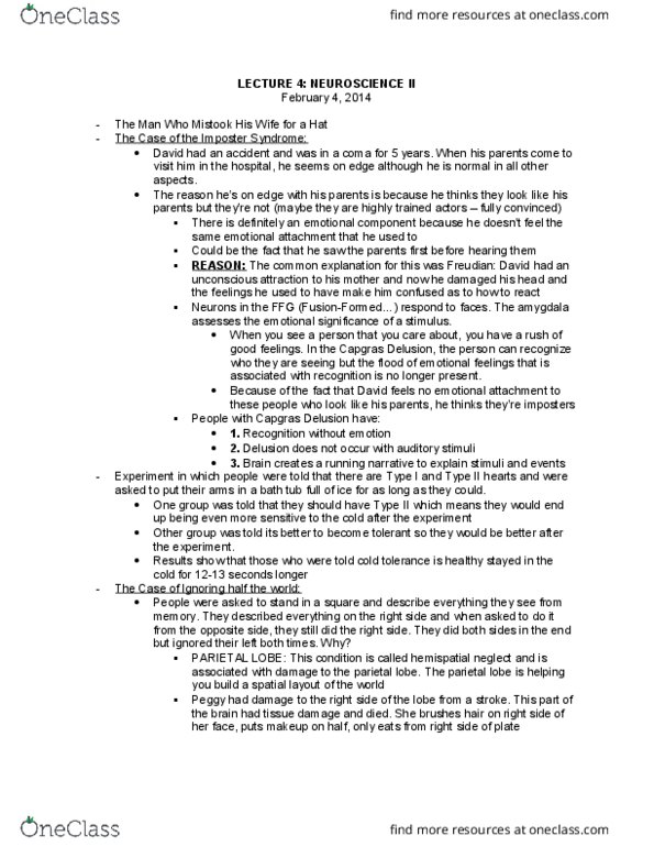 PSYCH 1XX3 Chapter Notes - Chapter 4: Capgras Delusion, Amygdala, Hemispatial Neglect thumbnail