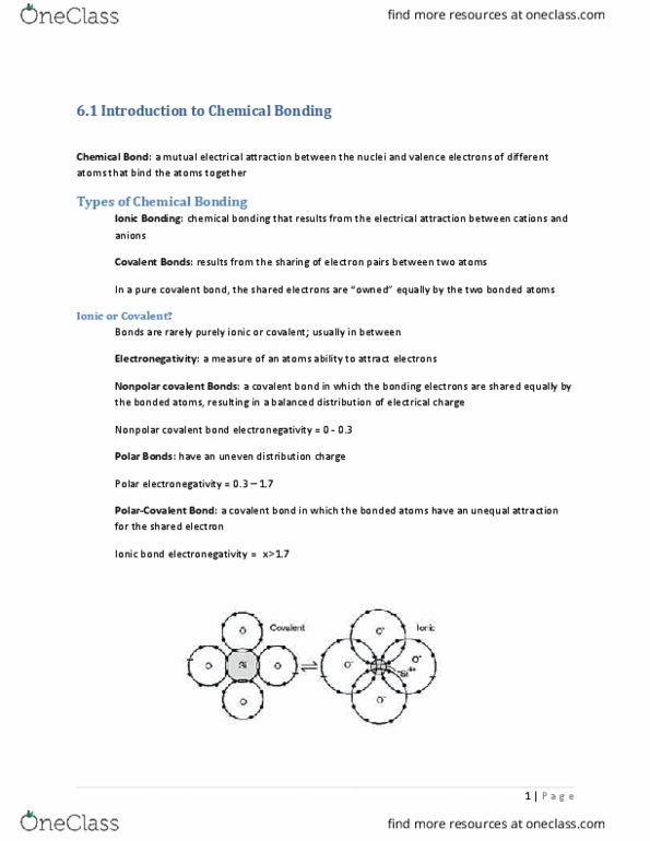 01:160:110 Chapter Notes - Chapter 6.1: Ionic Bonding, Covalent Bond, Electronegativity thumbnail