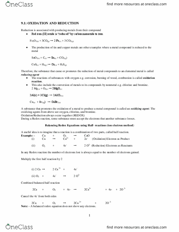 CHEM 1A03 Lecture Notes - Lecture 9: Iron(Iii) Oxide, Oxidizing Agent, Oxidation State thumbnail