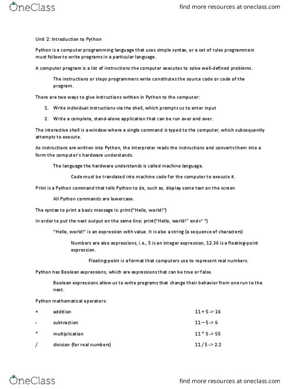 CSE 101 Lecture Notes - Lecture 2: Machine Code, Concatenation, Newline thumbnail