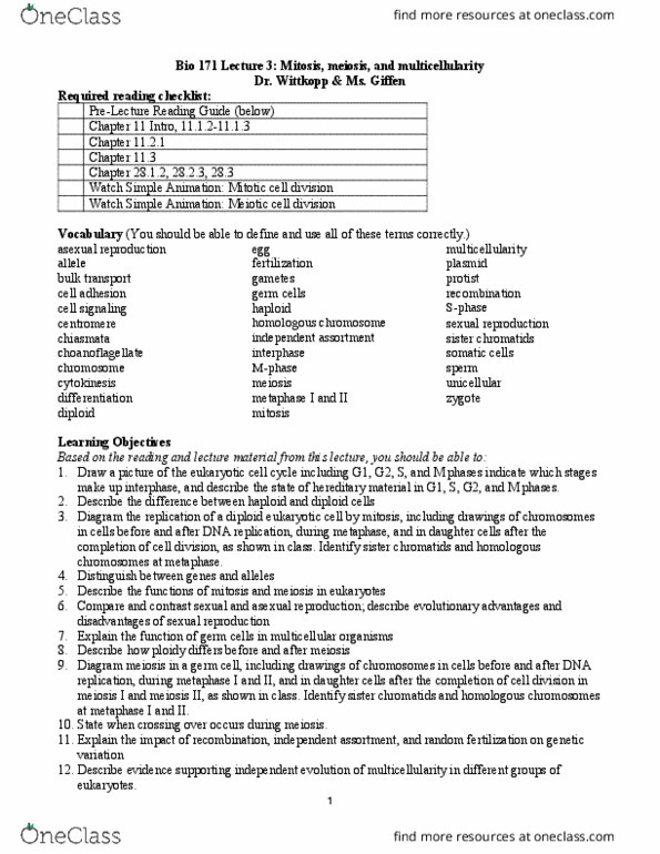 BIOLOGY 171 Lecture Notes - Lecture 3: Sister Chromatids, Homologous Chromosome, Cell Adhesion thumbnail