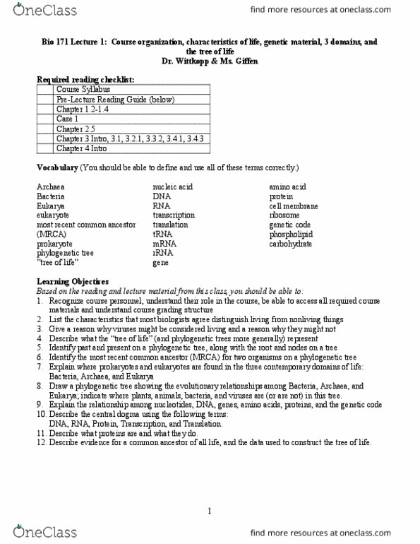 BIOLOGY 171 Lecture Notes - Lecture 1: Phylogenetic Tree, Ribosomal Rna, Transfer Rna thumbnail