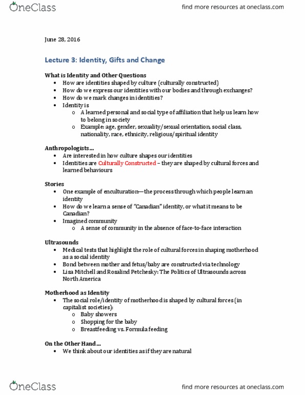 ANTHROP 1AB3 Lecture Notes - Lecture 3: Canadian Identity, Imagined Community, Breastfeeding thumbnail