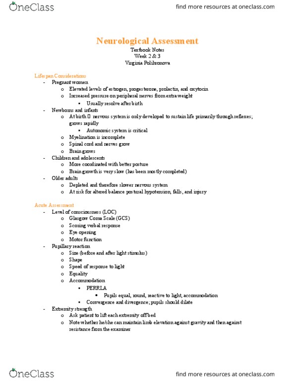 Nursing 1180A/B Chapter Notes - Chapter 2: Glasgow Coma Scale, Neurological Examination, Functional Response thumbnail