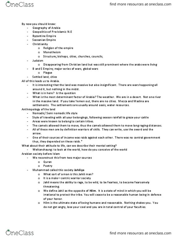 RLG350H1 Lecture Notes - Lecture 2: Pessimism, Quraysh, Jahiliyyah thumbnail