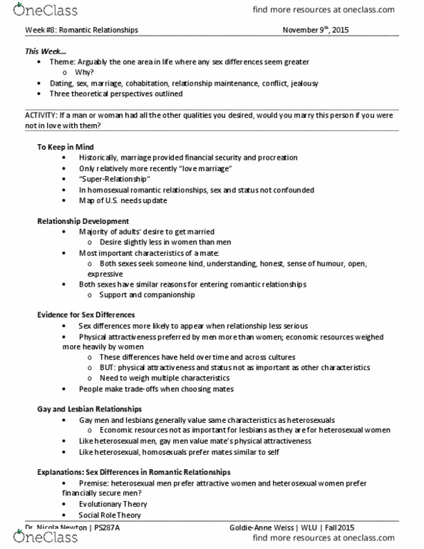 PS287 Lecture Notes - Lecture 17: Storge, Role Theory, Physical Attractiveness thumbnail