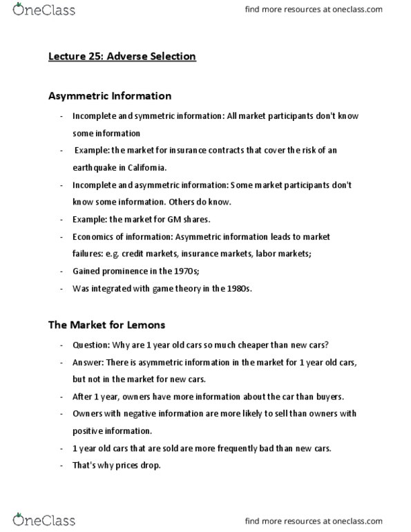 ECON 401 Lecture Notes - Lecture 25: Market Failure, Competitive Equilibrium, Adverse Selection thumbnail