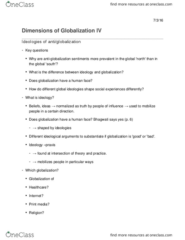SOCY 225 Lecture Notes - Lecture 11: Fundamentalism, Wealth Inequality In The United States, Anti-Globalization Movement thumbnail