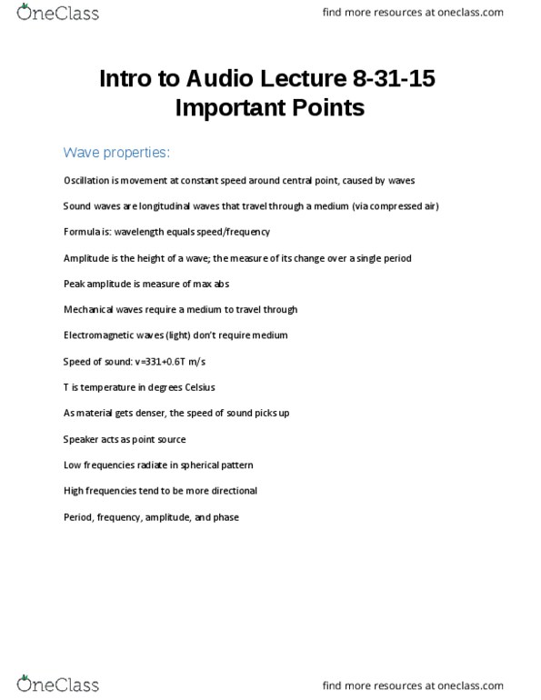 ESE 121 Lecture 3: Intro to Audio Lecture 8-31-15 Important Points thumbnail