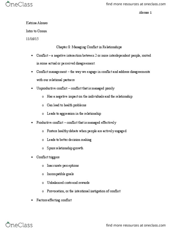 COM 111 Lecture Notes - Lecture 8: Conflict Management thumbnail