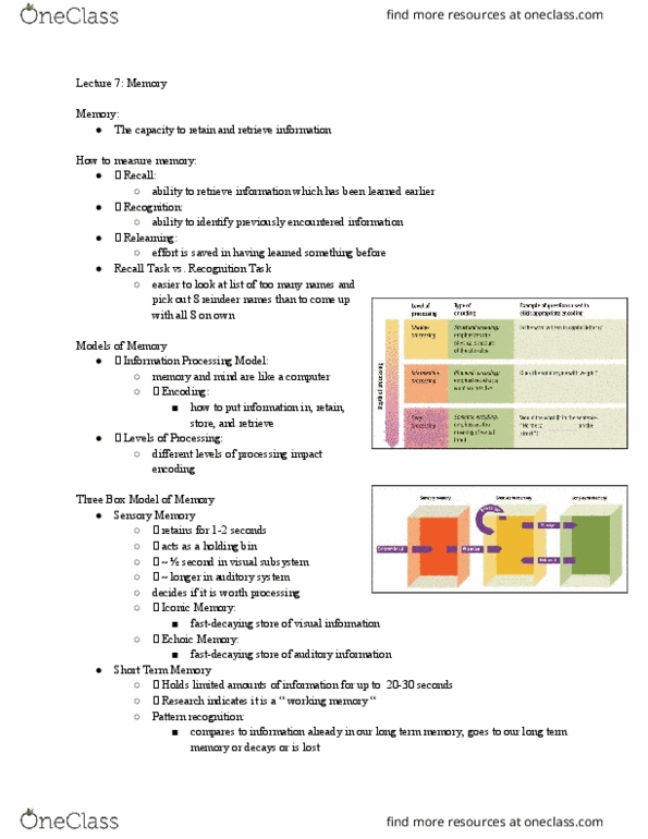 PSYCH 111 Lecture Notes - Lecture 7: Long-Term Memory, Pattern Recognition, Memory Span thumbnail