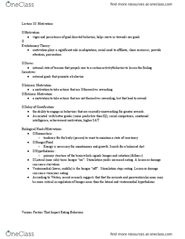 PSYCH 111 Lecture Notes - Lecture 10: Homeostasis, Hypothalamus, Dieting thumbnail