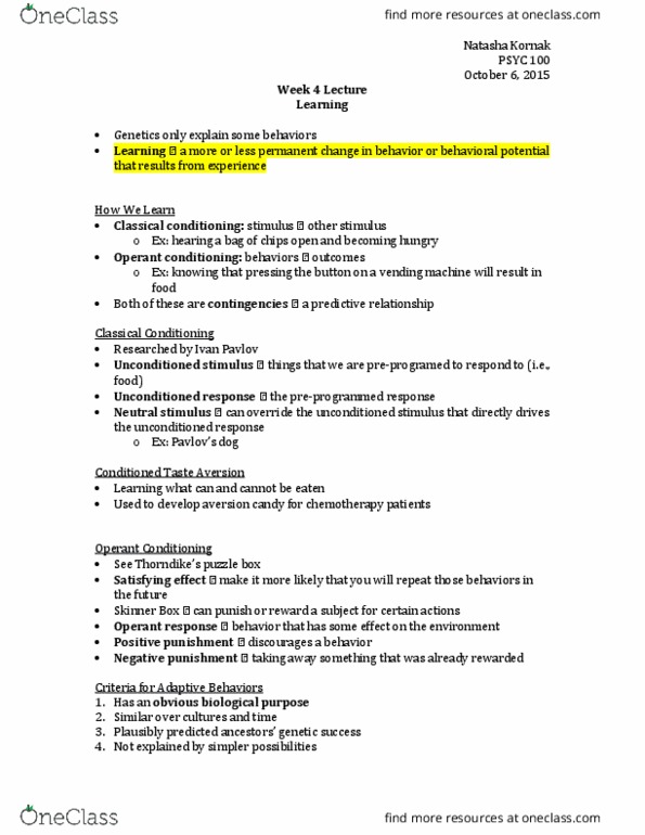 PSYC 100 Lecture Notes - Lecture 4: Vending Machine, Classical Conditioning, Operant Conditioning thumbnail