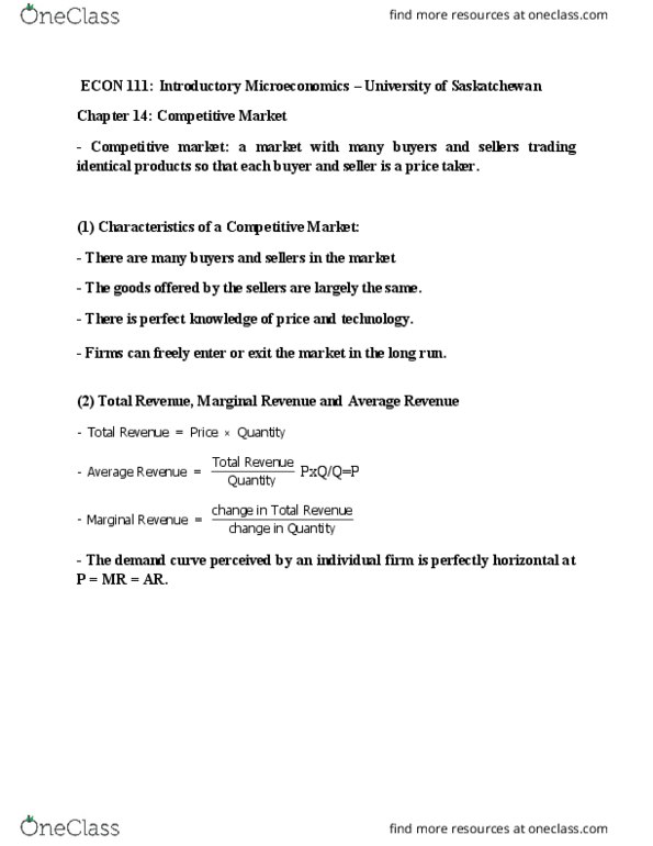 ECON 111 Chapter Notes - Chapter 14: Table Tennis, Marginal Revenue, Market Power thumbnail
