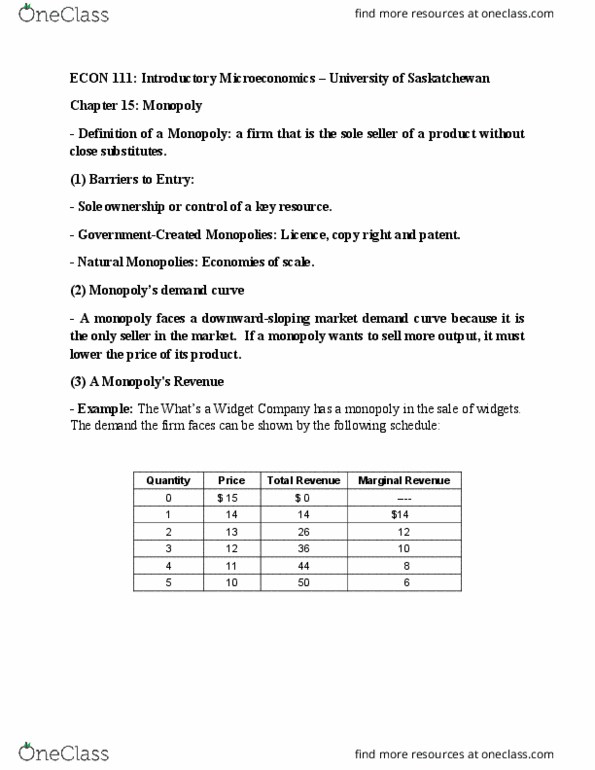 ECON 111 Chapter Notes - Chapter 15: Marginal Revenue, Demand Curve, Price Discrimination thumbnail