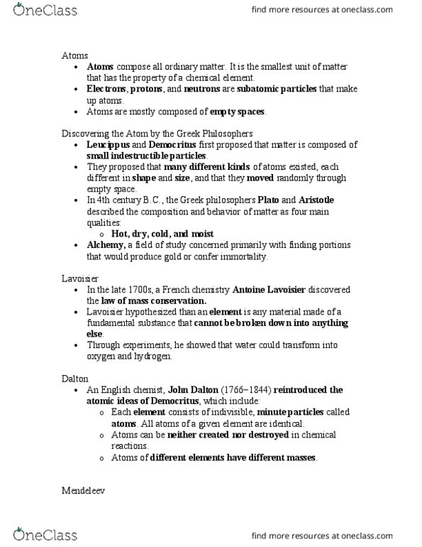 CHM 1020 Lecture Notes - Lecture 4: Antoine Lavoisier, Empty Spaces, Chemical Element thumbnail