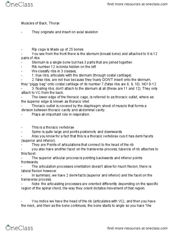 Anatomy and Cell Biology 3319 Lecture Notes - Lecture 6: Thoracic Inlet, Thoracic Cavity, Rib Cage thumbnail