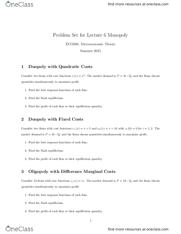 ECO206Y1 Lecture Notes - Lecture 6: Marginal Cost, Oligopoly, Nash Equilibrium thumbnail