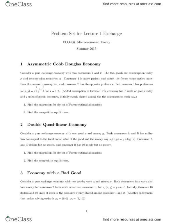ECO206Y1 Lecture Notes - Lecture 1: Pareto Efficiency, Exchange Economy, Competitive Equilibrium thumbnail