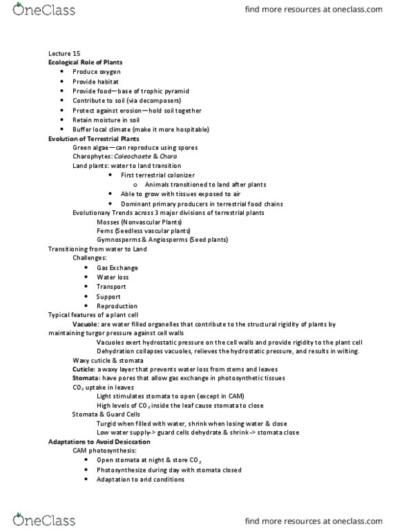 LIFESCI 1 Lecture Notes - Lecture 15: Plant Cell, Cuticle, Desiccation thumbnail