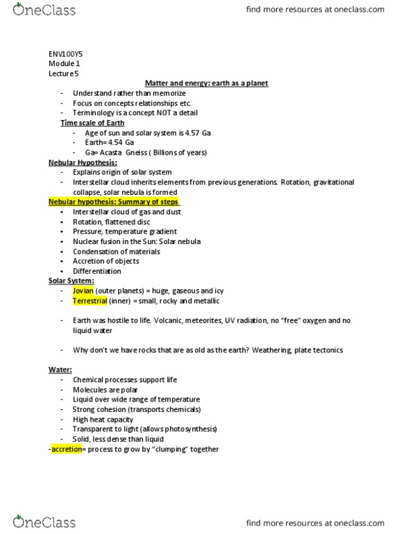 ENV100Y5 Lecture Notes - Lecture 5: Acasta Gneiss, Interstellar Cloud, Formation And Evolution Of The Solar System thumbnail