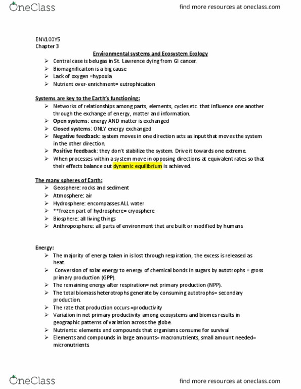 ENV100Y5 Chapter Notes - Chapter 3: Heterotroph, Hydrosphere, Biome thumbnail