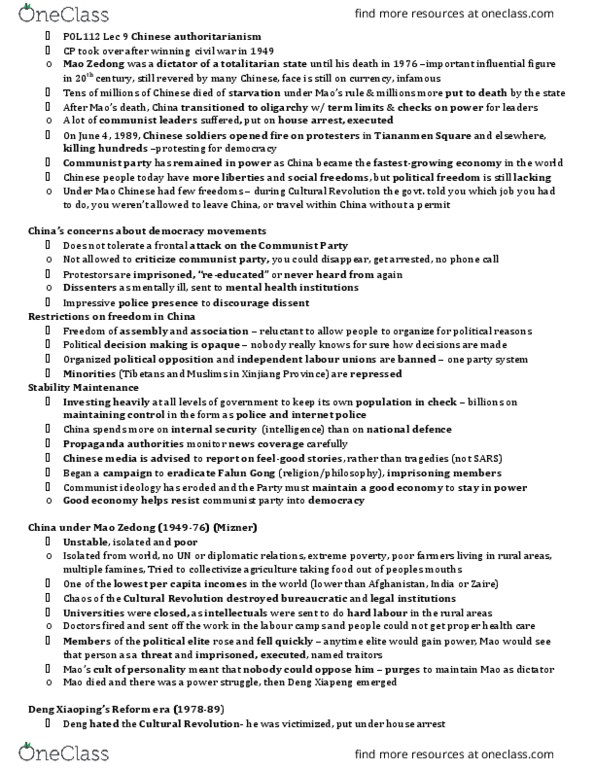 POL112H5 Lecture Notes - Lecture 9: Jiang Zemin, Paramount Leader, Counter-Terrorism thumbnail