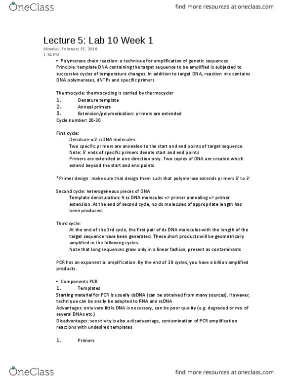 BIOC 300D2 Lecture Notes - Lecture 6: Intron, Restriction Enzyme, Exonuclease thumbnail