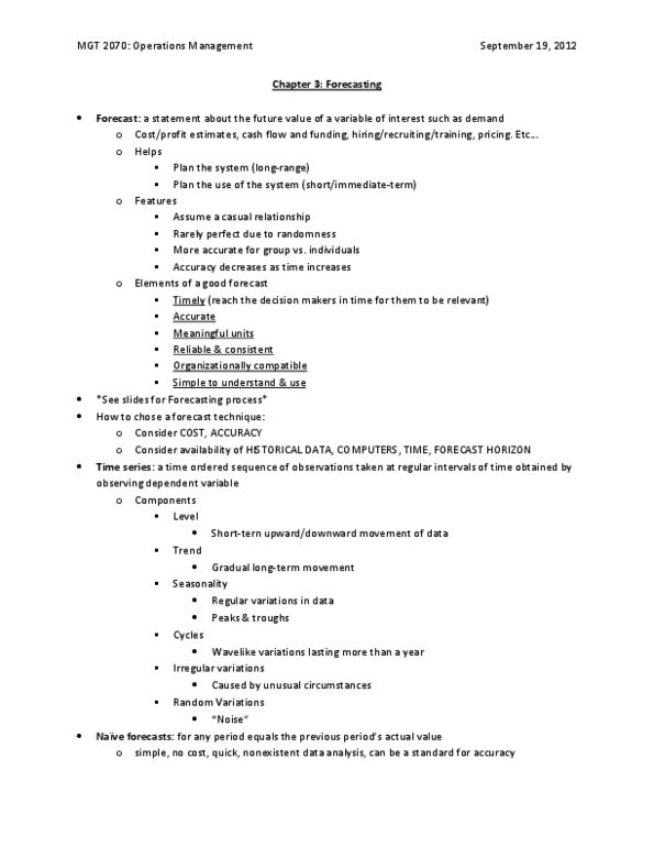 MGT 2070 Lecture Notes - Exponential Smoothing, Moving Average, Operations Management thumbnail