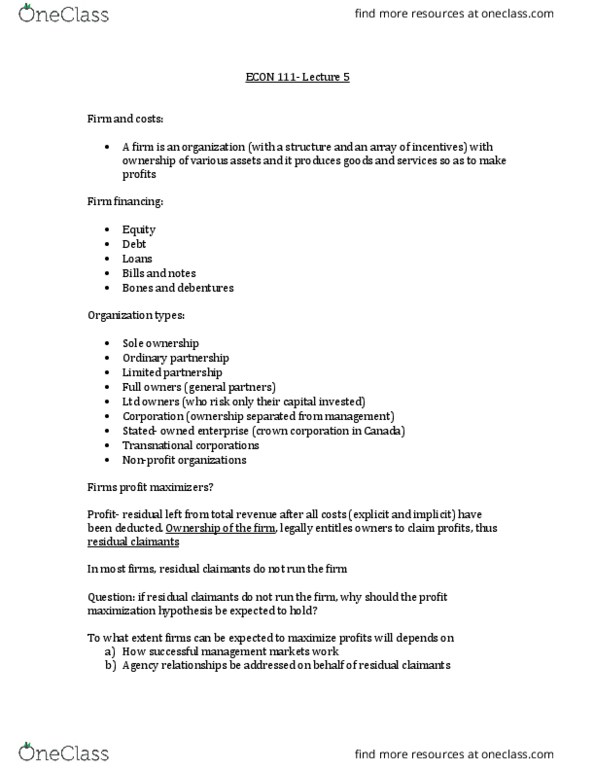 ECON 111 Lecture Notes - Lecture 5: Profit Maximization, Limited Partnership thumbnail