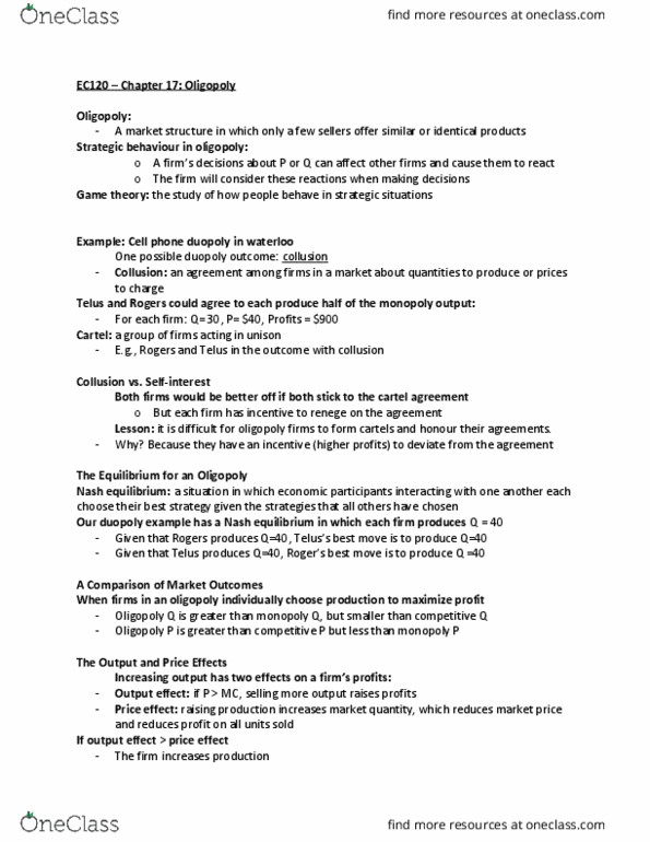 EC120 Lecture Notes - Lecture 17: Market Power, Predatory Pricing, Price Discrimination thumbnail