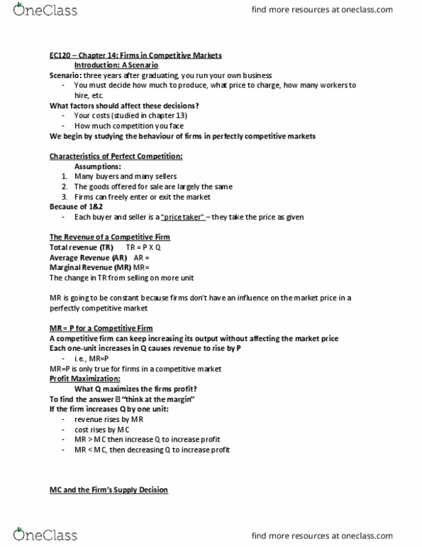 EC120 Lecture Notes - Lecture 14: Opportunity Cost, Competitive Equilibrium, Market Power thumbnail