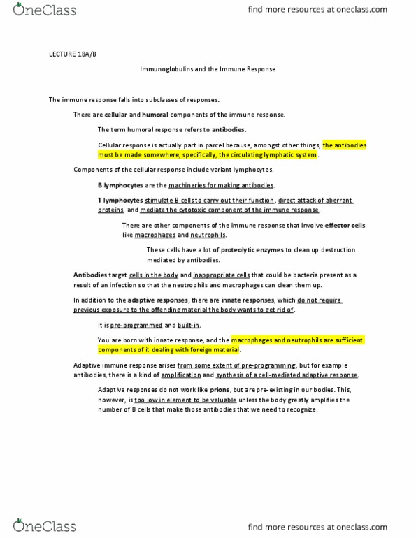 BIO 361 Lecture Notes - Lecture 18: Immunoglobulin G, Fragment Antigen-Binding, Immunoglobulin Light Chain thumbnail