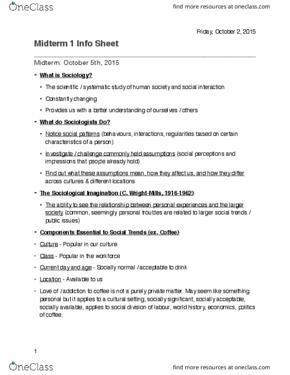 SOC 1101 Lecture 4: Midterm 1 Info Sheet thumbnail