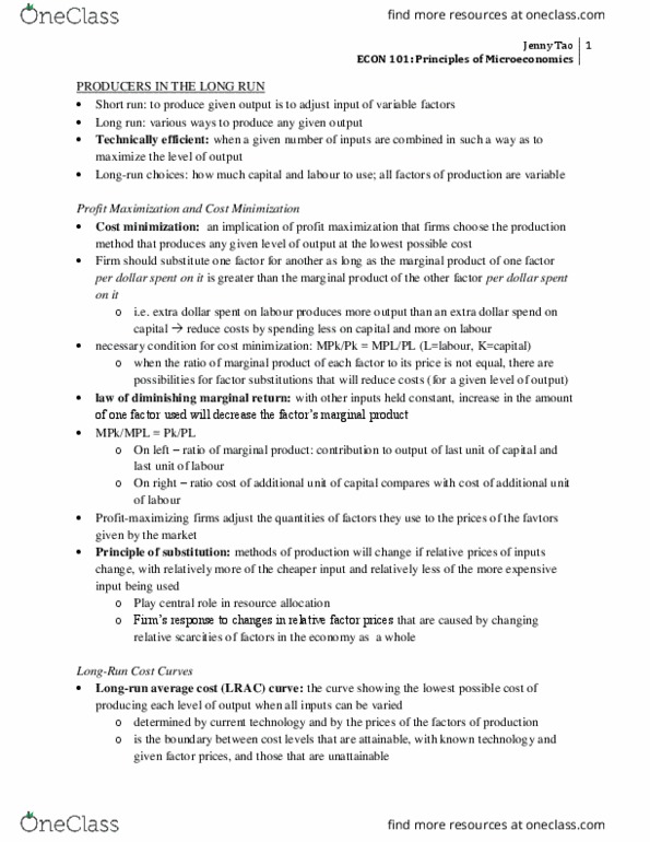 ECON 101 Chapter Notes - Chapter 8: Production Function, Marginal Product, Profit Maximization thumbnail