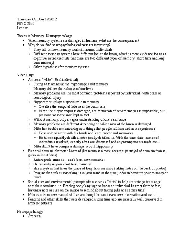 PSYC 2330 Lecture Notes - Lecture 12: Episodic Memory, Lobectomy, Anterograde Amnesia thumbnail