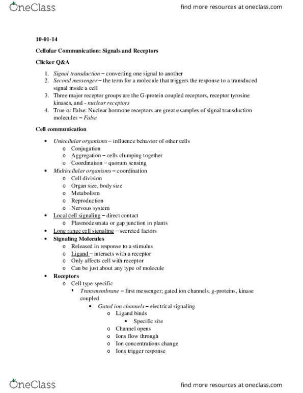 BSCI 105 Lecture Notes - Lecture 4: Enzyme, Cyclic Adenosine Monophosphate, Inositol Trisphosphate thumbnail