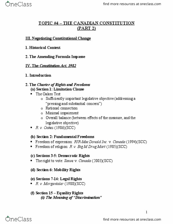 CRIM 135 Lecture Notes - Lecture 4: Section 33 Of The Canadian Charter Of Rights And Freedoms, Supremacy Clause, Henry Morgentaler thumbnail