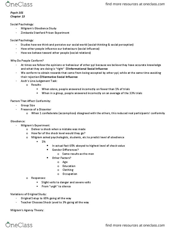 PSYCH101 Chapter Notes - Chapter 13: Psych, Role Conflict, Stanford Prison Experiment thumbnail